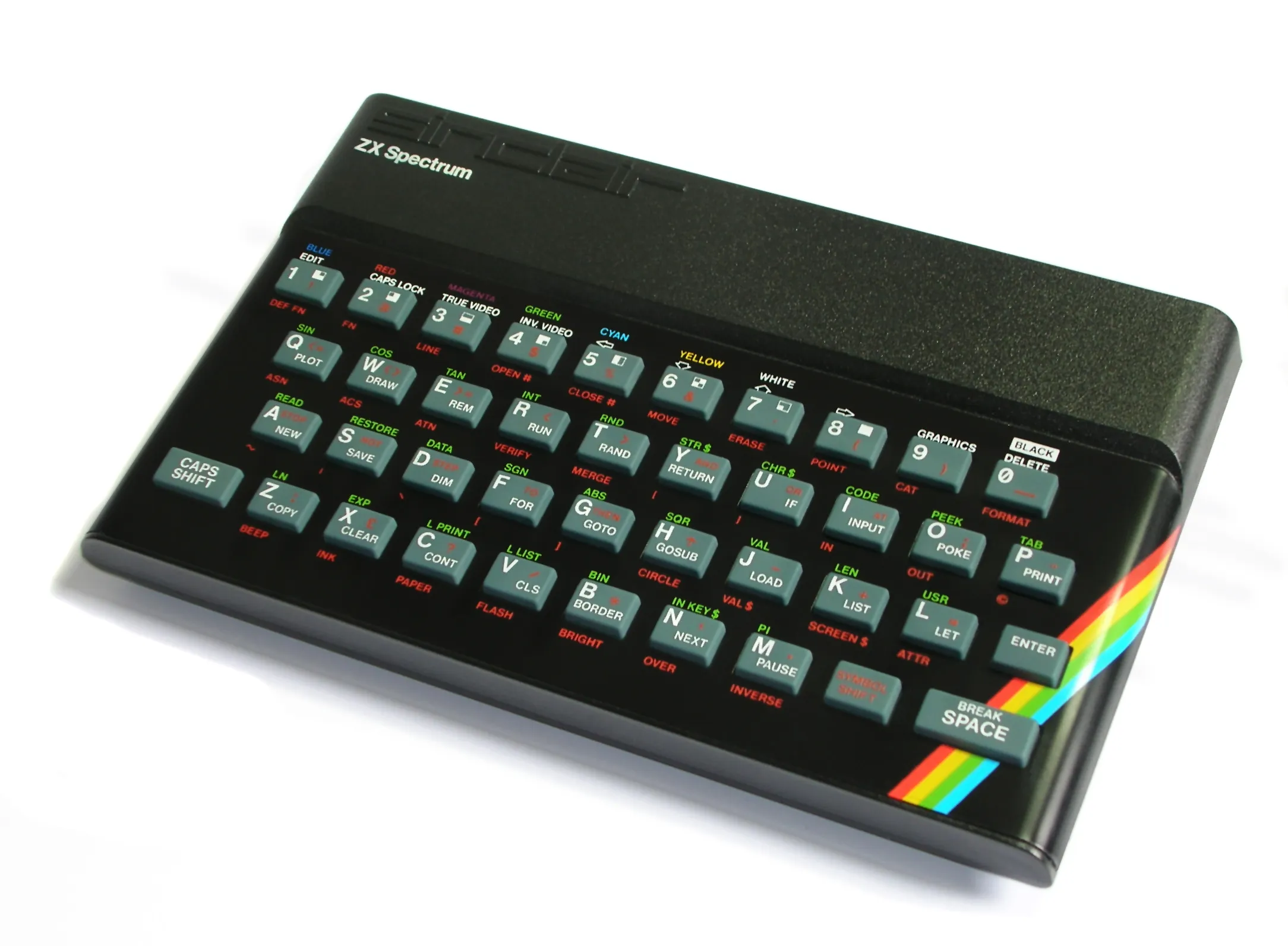 ZX Spectrum 48K з чорним корпусом і гумовою клавіатурою, райдужна смуга праворуч від клавіш