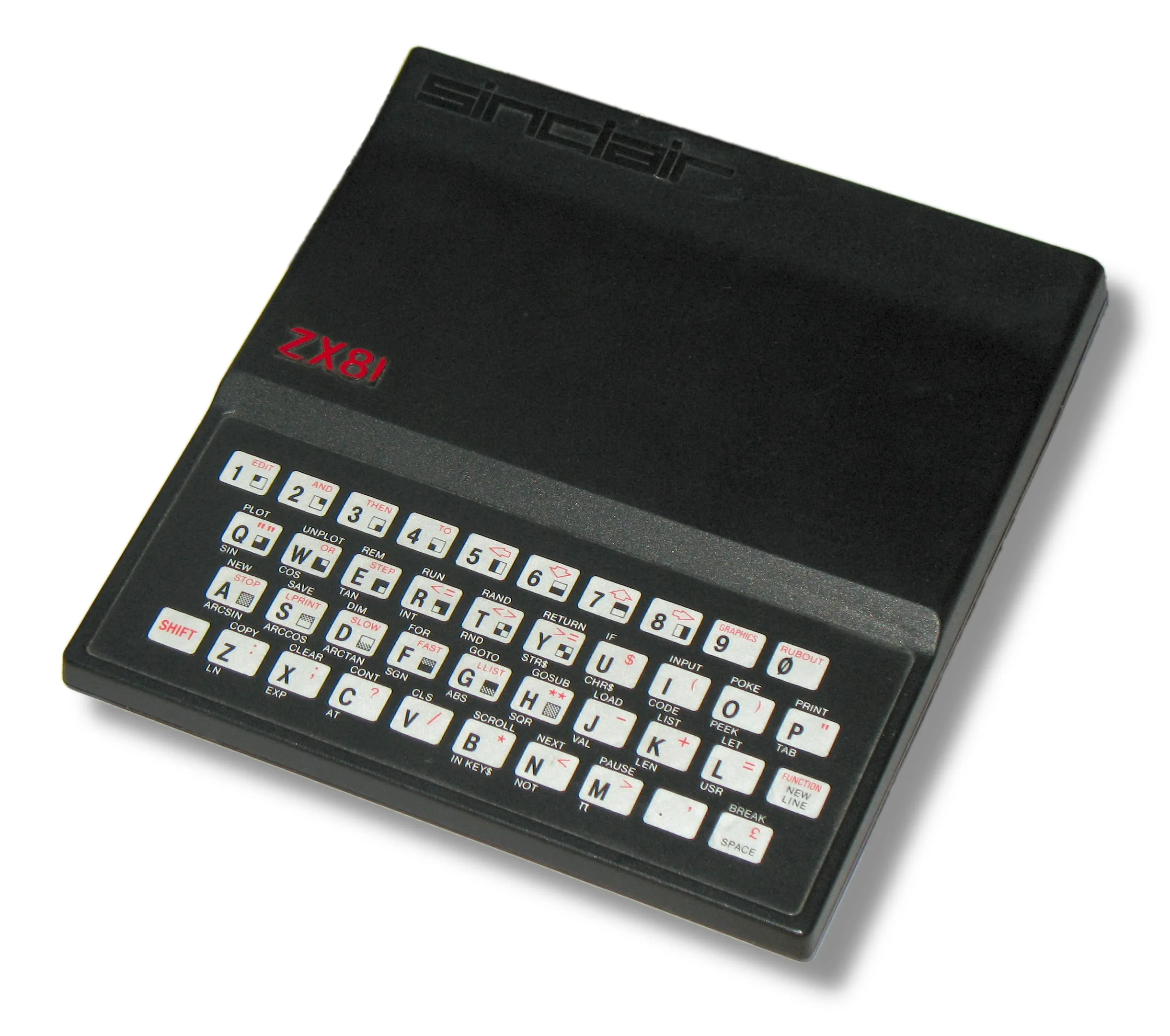 Sinclair ZX81 — плаский чорний клиноподібний корпус із мембранною клавіатурою, червоний напис ZX81
